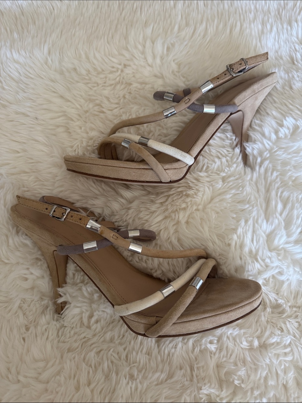 Via Spiga Nude and Metallic Strappy High Heel Sandals